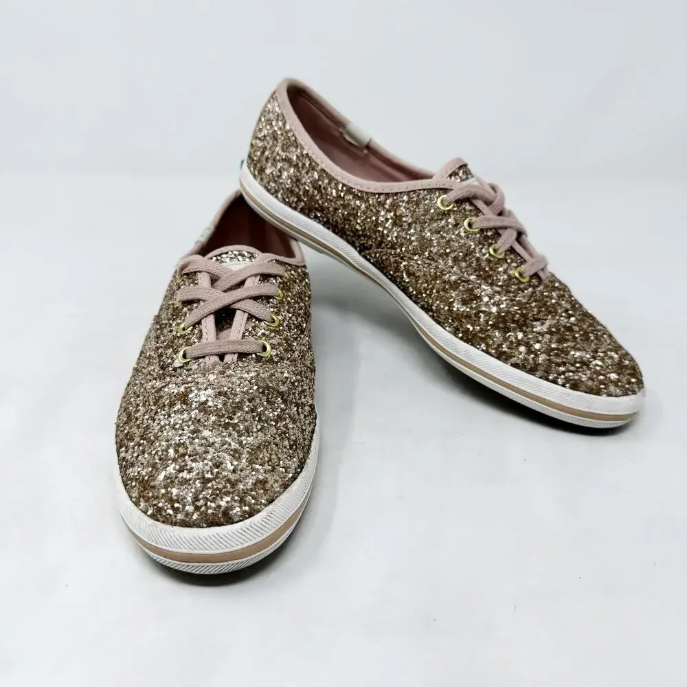 [Kate Spade] Keds Rose Gold Pink Glitter Sparkle Lace Up Champion Sneakers Sz 7